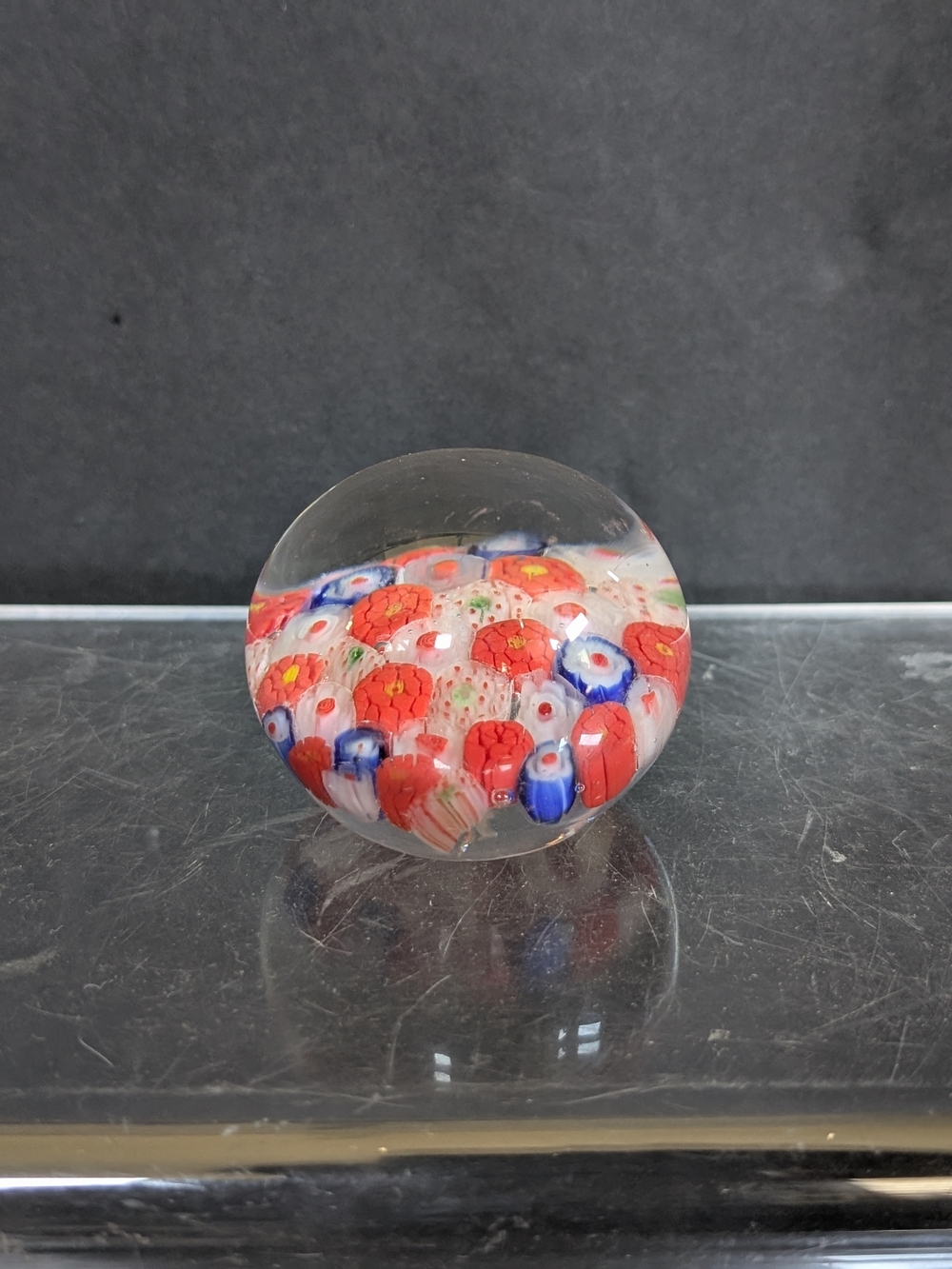 Handmade Red & Blue Millefiori Glass Paperweight